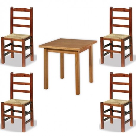 Conjunto de mesa y 4 sillas Castellana de madera y asiento de anea